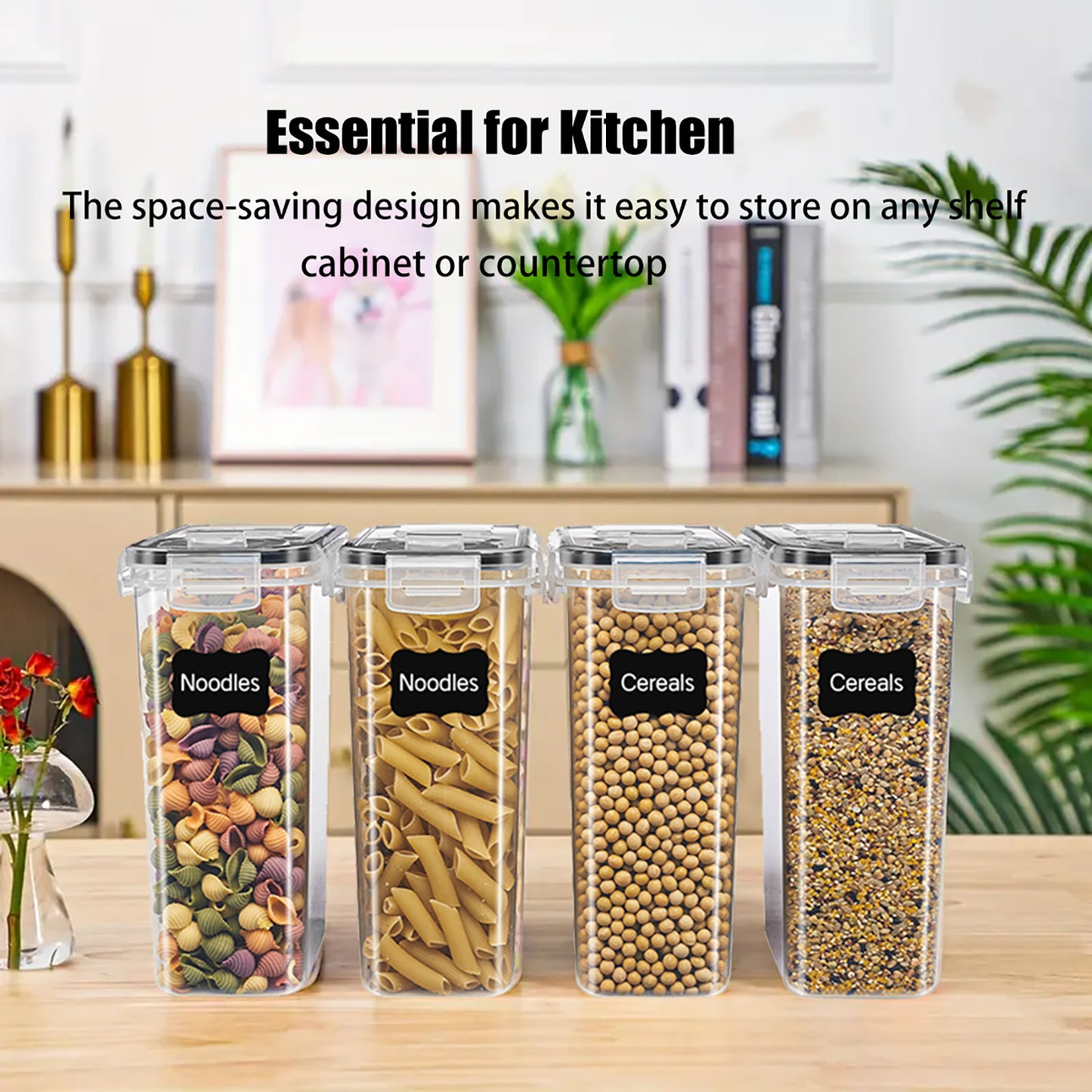 Asnews Kitchen Cereal Containers Storage Set with Lids – 4 Pack 2.5L/4L Airtight Food Storage Containers for Pantry Organization and Storage