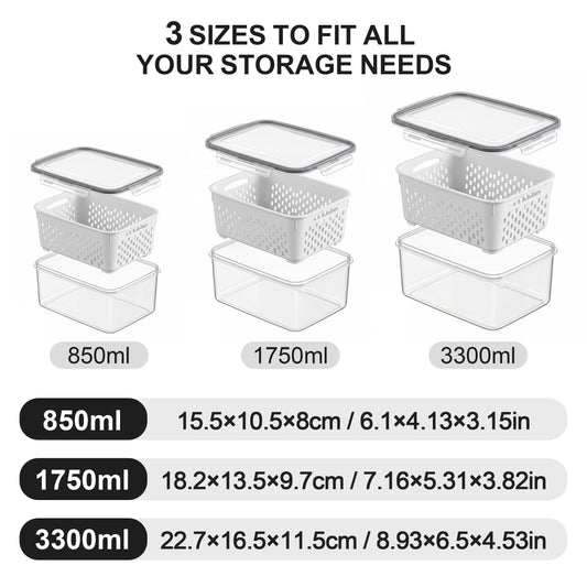 YHIPL 3 Pcs Large Fruit Storage Containers, Airtight Fridge Bins with Removable Colanders, Dishwasher & microwave safe, Clear, 3 Pack (Large)