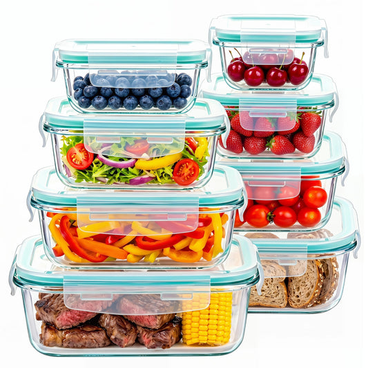 YHIPL 8-Pack Glass Storage Container Set with Snap Airtight Lids for Microwave, Freezer and Dishwasher Safe, Leak Proof Glass Lunch Boxes, Blue&Green