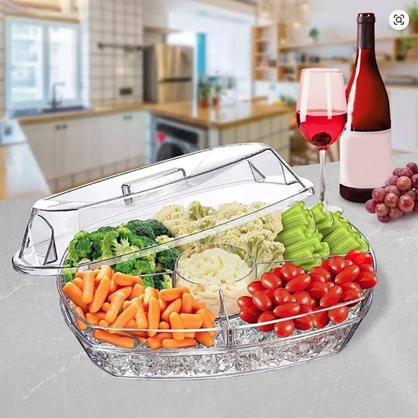YHIPL 4-Compartment Chilled Serving Tray with Lid – Clear Party Platter for Cold Food, Buffet Server for Fruit, Veggies & Appetizers