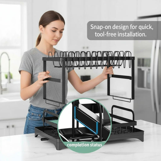 CFQNI 2-Tier Kitchen Dish Drying Rack, Carbon Steel Large Capacity Dish Rack With Cutlery Rack, Cutting Board Sink, and Cup Holder, Saves Space, Suitable for Kitchen Countertops, Black