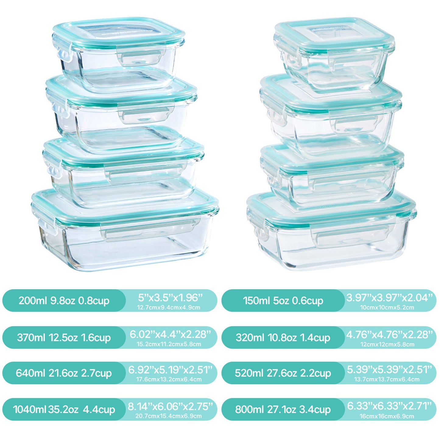 Asnews 16Pcs Glass Food Storage Containers with Lids Set, Airtight Bento Boxes, for Microwave, Oven, Freezer and Dishwasher Safe