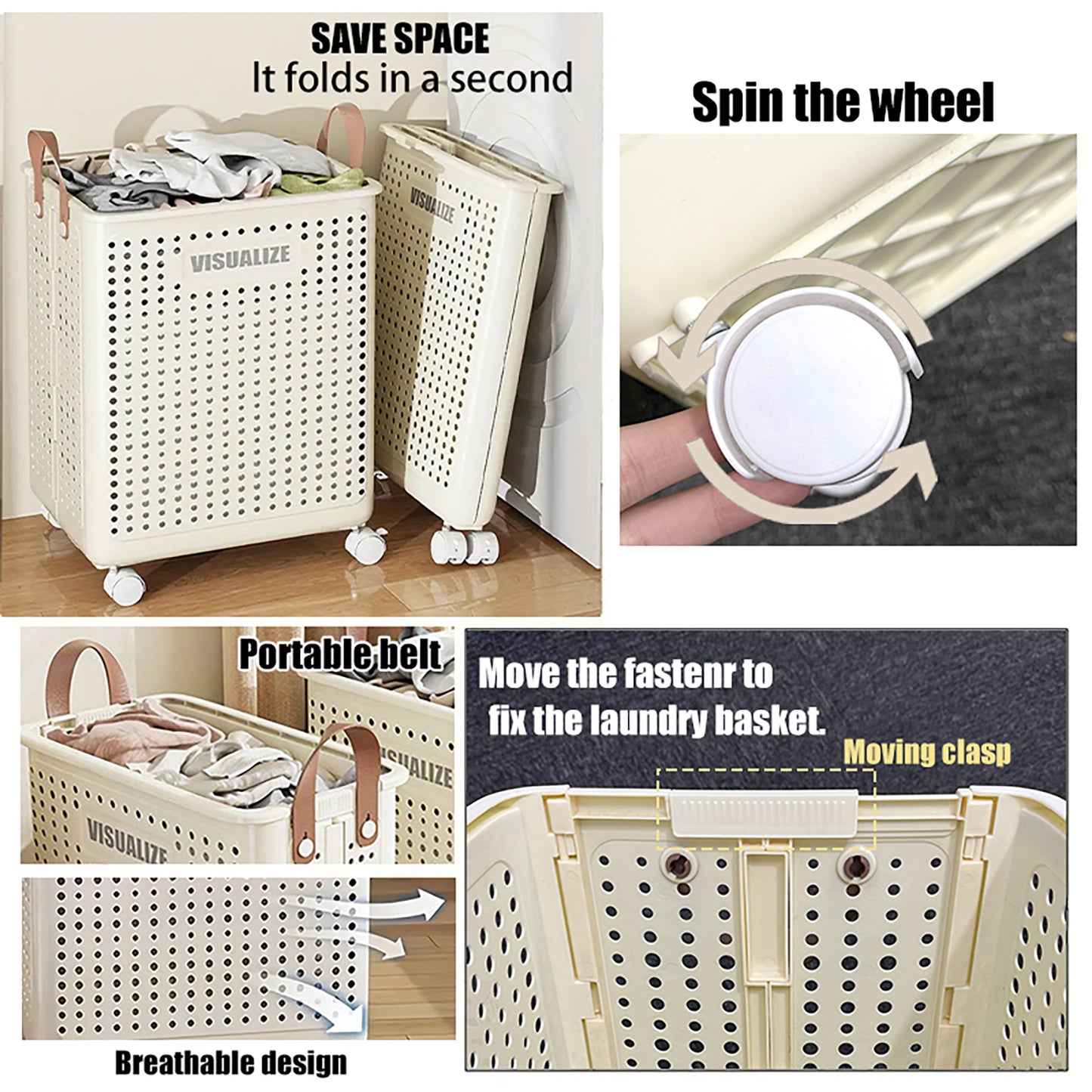 Asnews Foldable Laundry Hamper with Wheels, Large Capacity Dirty Clothes Basket for Bedroom/Bathroom/Laundry Room