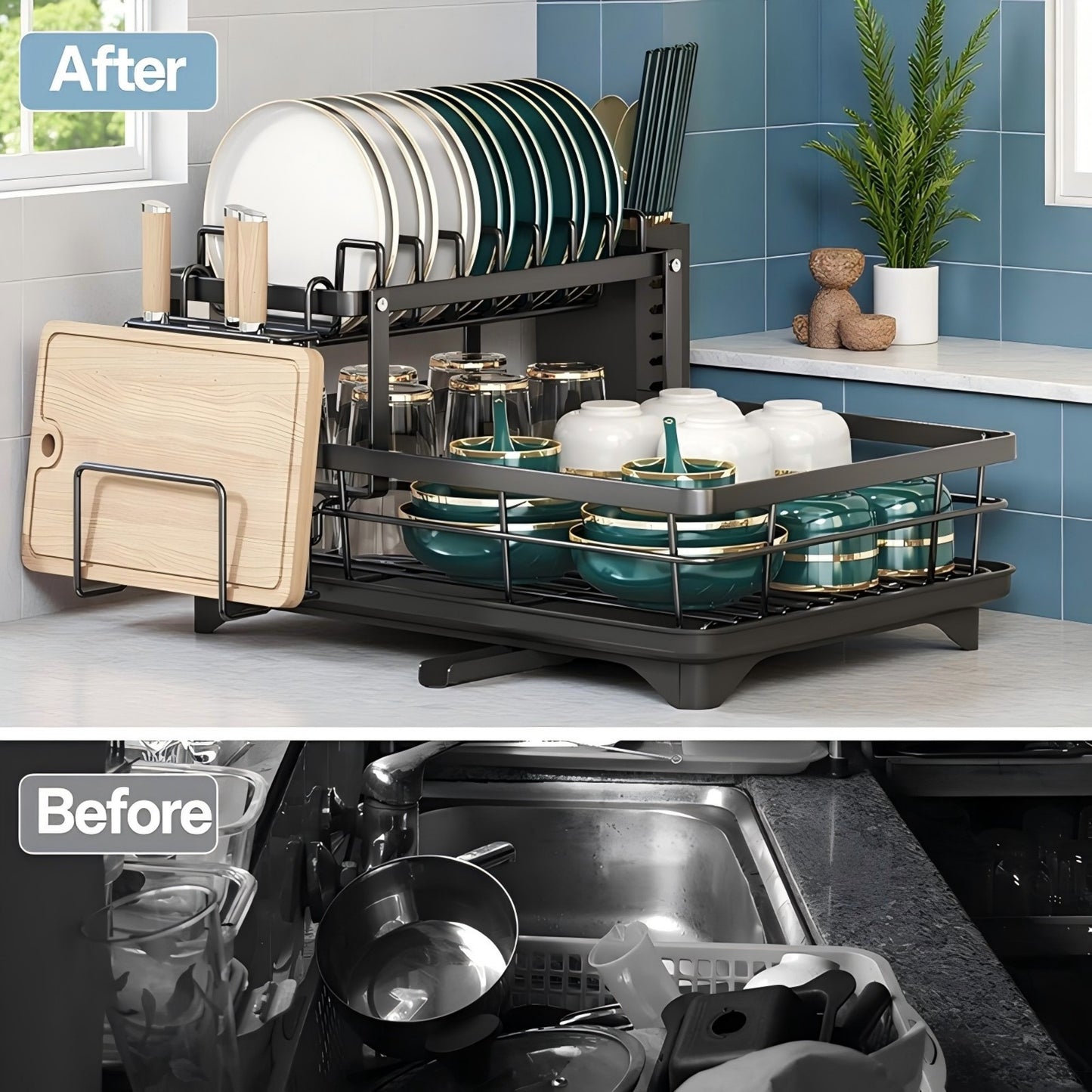 Asnews 2-Tier Kitchen Dish Drying Rack, Stainless Steel Large Capacity Dish Rack With Utensil Holder & Cutting Board Slot, Space-Saving Racks For Kitchen Counter, Black