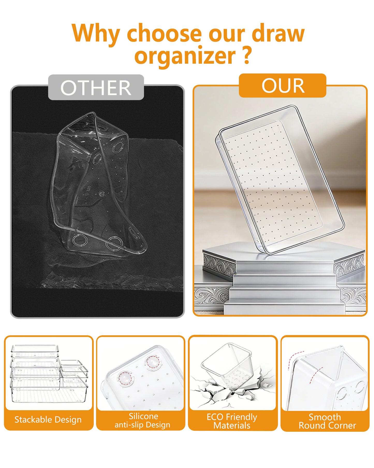 Asnews Plastic Drawer Organizers Set, Multiple Vanity Organizer, Makeup and Desk Drawer Organizer Trays, Organization and Storage for Makeup, Bathroom, Kitchen Utensils and Office