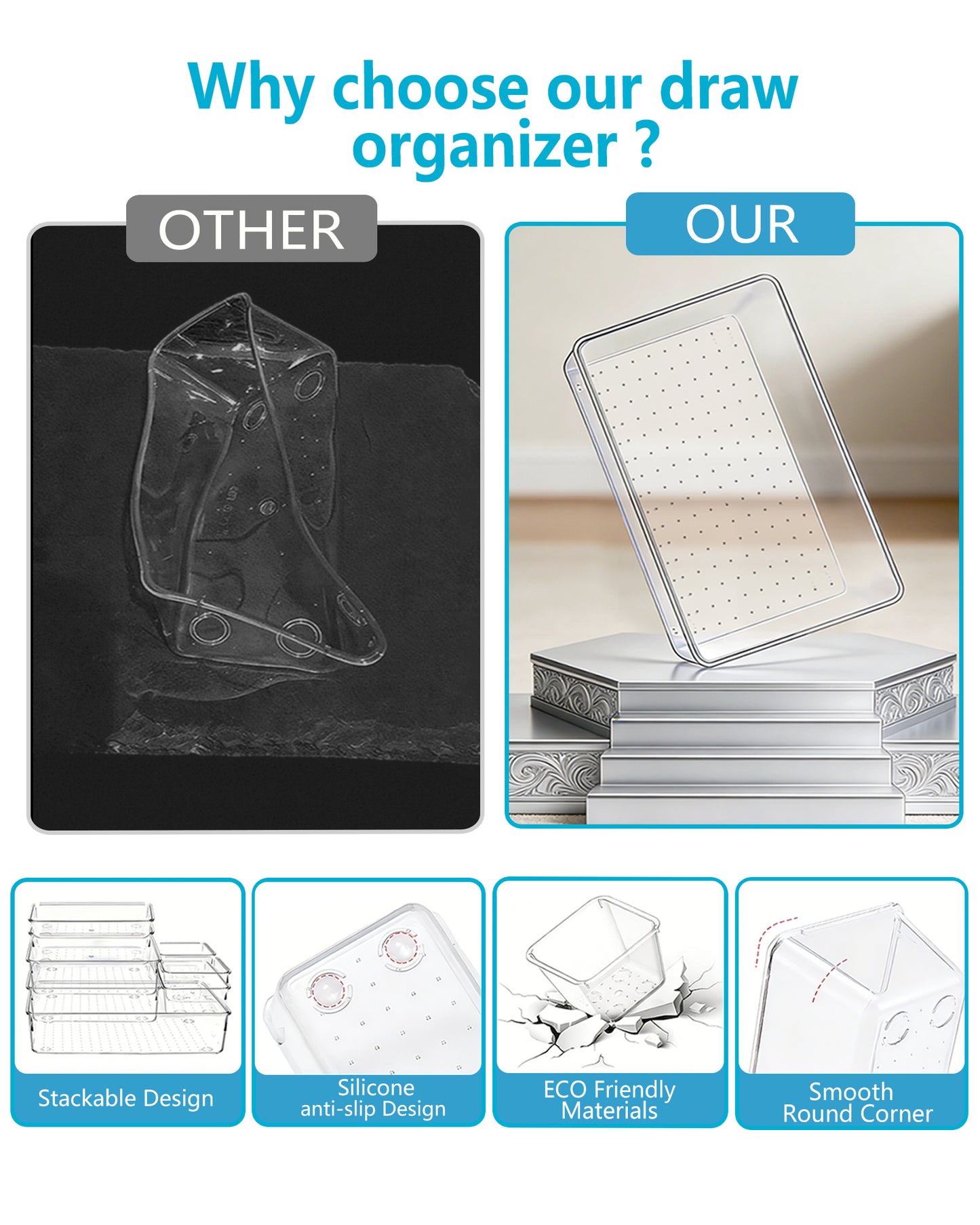 Asnews Plastic Drawer Organizers Set, Multiple Vanity Organizer, Makeup and Desk Drawer Organizer Trays, Organization and Storage for Makeup, Bathroom, Kitchen Utensils and Office