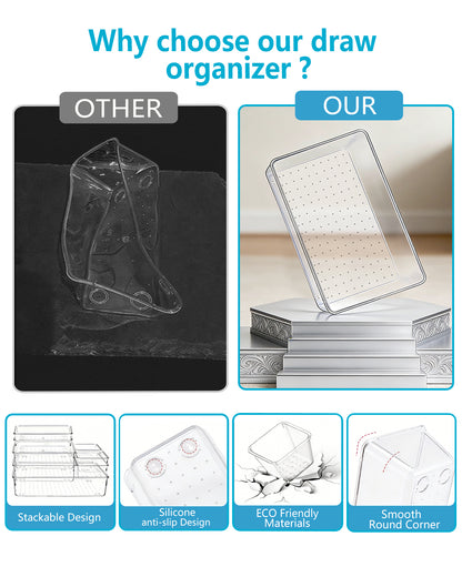 Asnews Plastic Drawer Organizers Set, Multiple Vanity Organizer, Makeup and Desk Drawer Organizer Trays, Organization and Storage for Makeup, Bathroom, Kitchen Utensils and Office