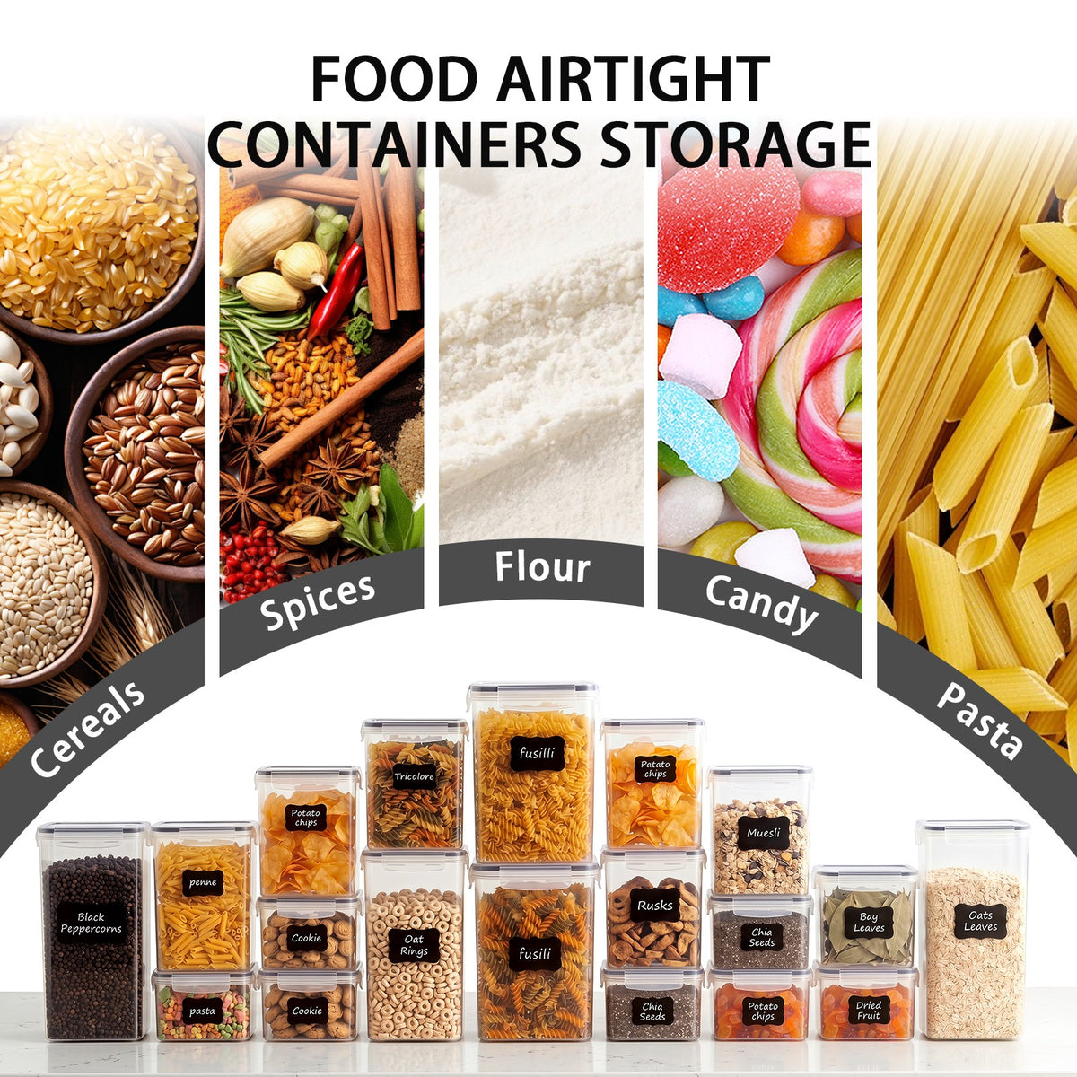 YHIPL 24 PCS Airtight Food Storage Containers with Lids, Kitchen Storage Container for Cereal, Dry Food, Flour and Sugar, BPA-Free, Includes 24 Labels
