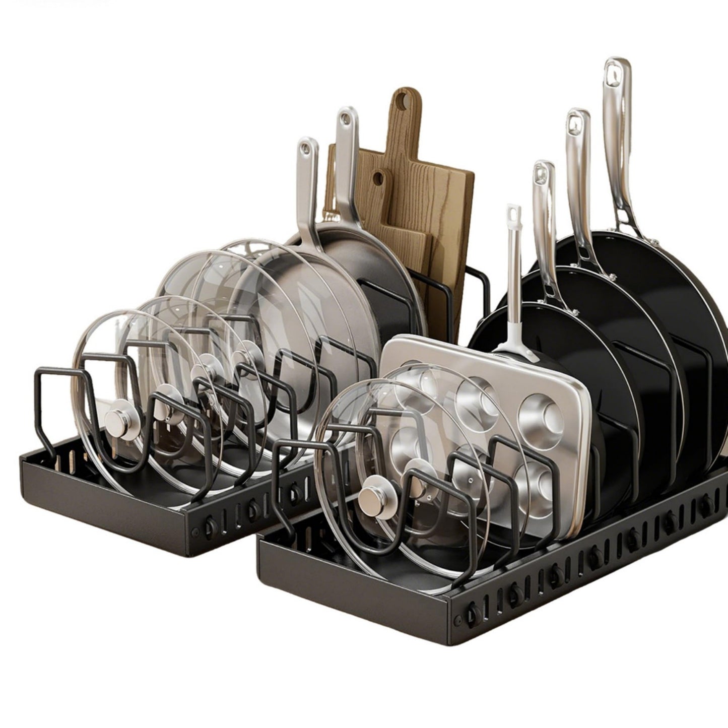 Asnews 2 Pack Pots and Pans Organizer Under Cabinet, Pull Out Pot Lid Organizer Holder with 16 Adjustable Dividers, Kitchen Countertop Lid Holder for Pot Lid, Bakeware, Dishes Storage