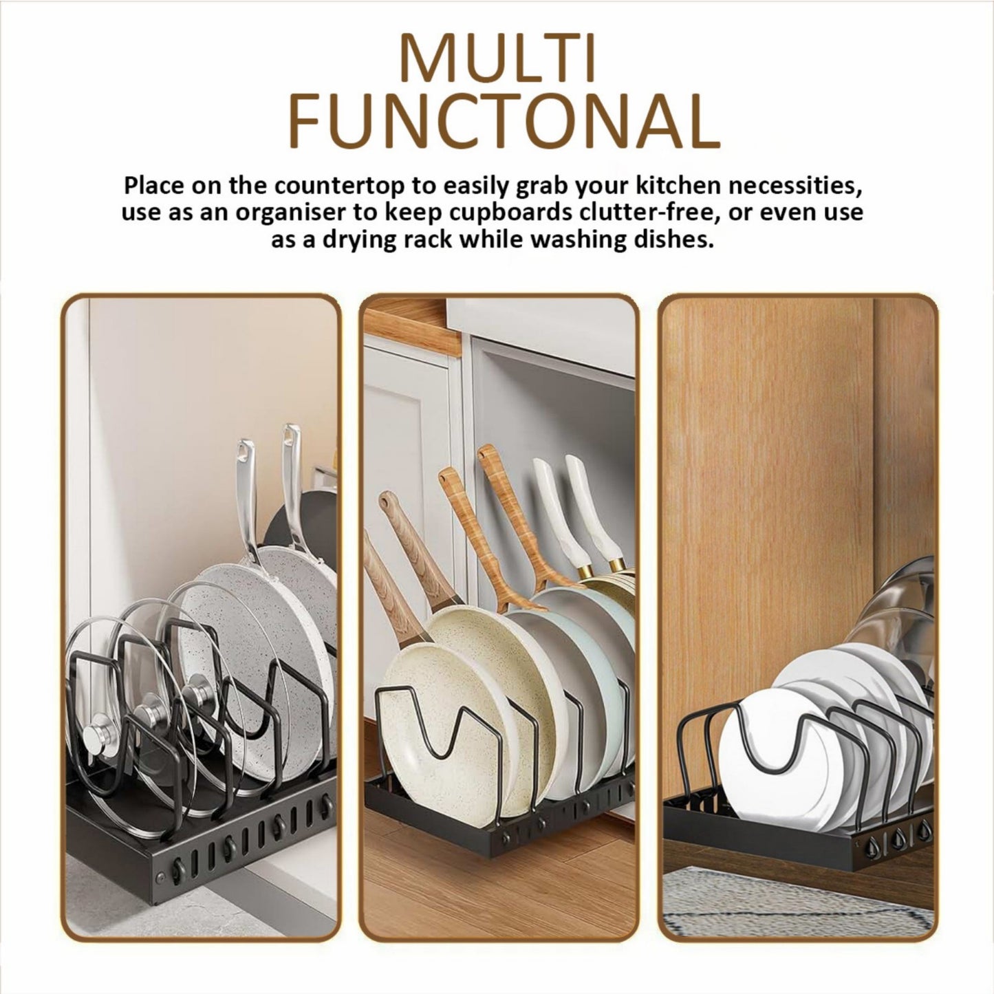 YHIPL 2 Pack Pots and Pans Organizer Under Cabinet, Pull Out Pot Lid Organizer Holder with 16 Adjustable Dividers, Kitchen Countertop Lid Holder for Pot Lid, Bakeware, Dishes Storage