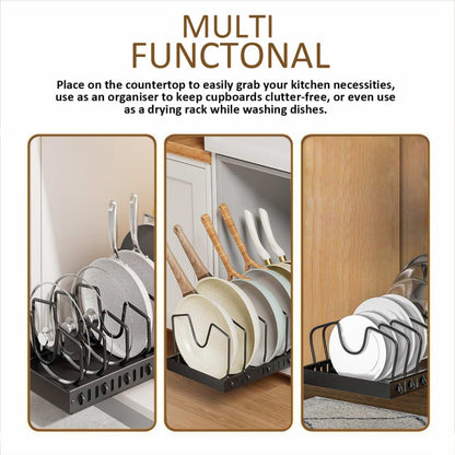 YHIPL 2 Pack Pots and Pans Organizer Under Cabinet, Pull Out Pot Lid Organizer Holder with 16 Adjustable Dividers, Kitchen Countertop Lid Holder for Pot Lid, Bakeware, Dishes Storage