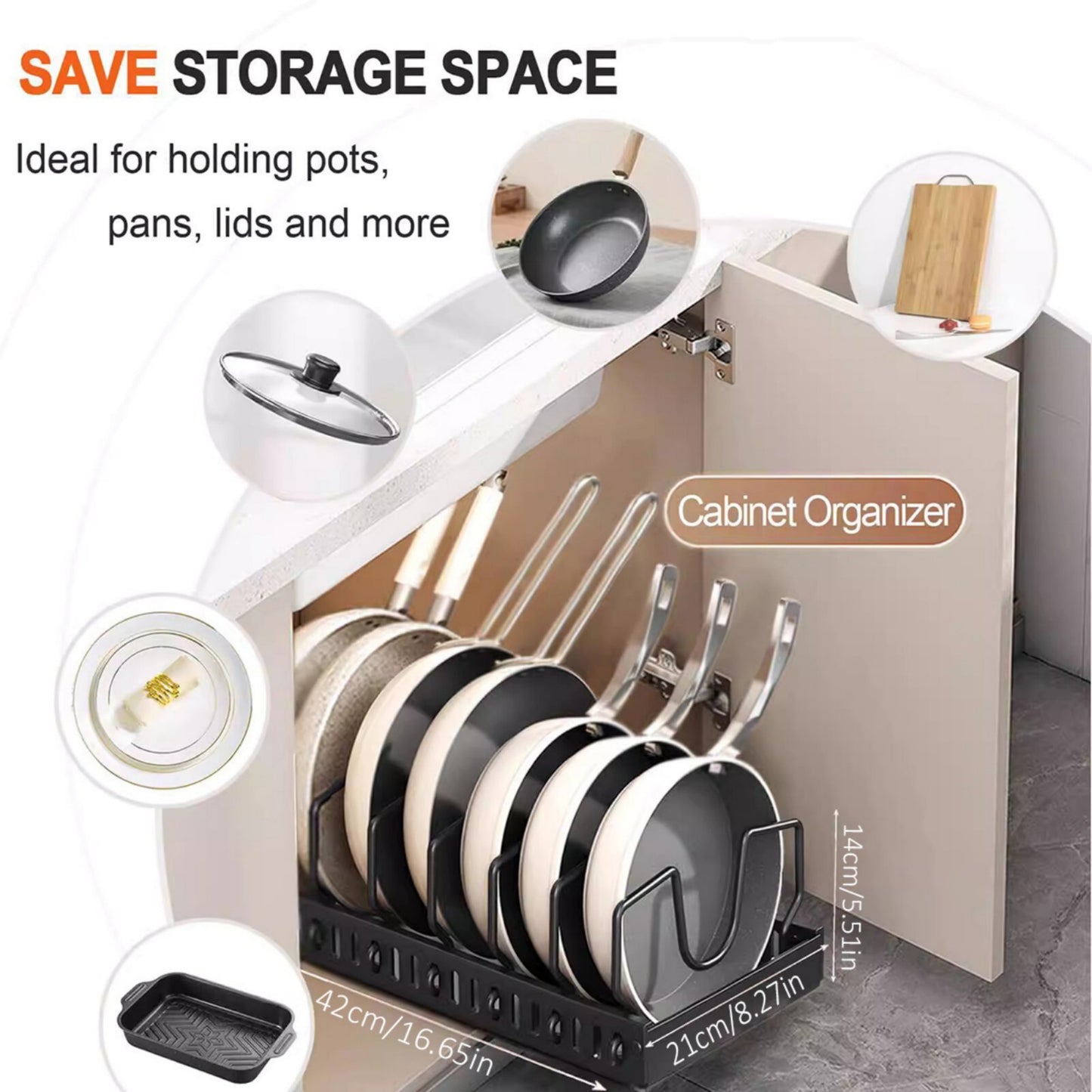 YHIPL 2 Pack Pots and Pans Organizer Under Cabinet, Pull Out Pot Lid Organizer Holder with 16 Adjustable Dividers, Kitchen Countertop Lid Holder for Pot Lid, Bakeware, Dishes Storage
