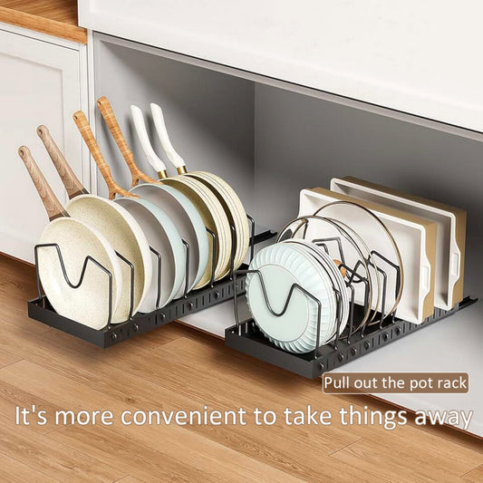 YHIPL 2 Pack Pots and Pans Organizer Under Cabinet, Pull Out Pot Lid Organizer Holder with 16 Adjustable Dividers, Kitchen Countertop Lid Holder for Pot Lid, Bakeware, Dishes Storage
