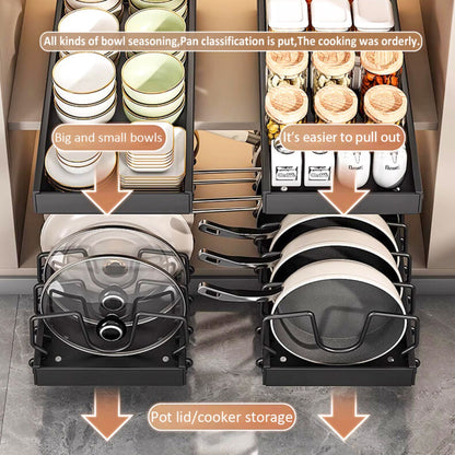 YHIPL 2 Pack Pots and Pans Organizer Under Cabinet, Pull Out Pot Lid Organizer Holder with 16 Adjustable Dividers, Kitchen Countertop Lid Holder for Pot Lid, Bakeware, Dishes Storage