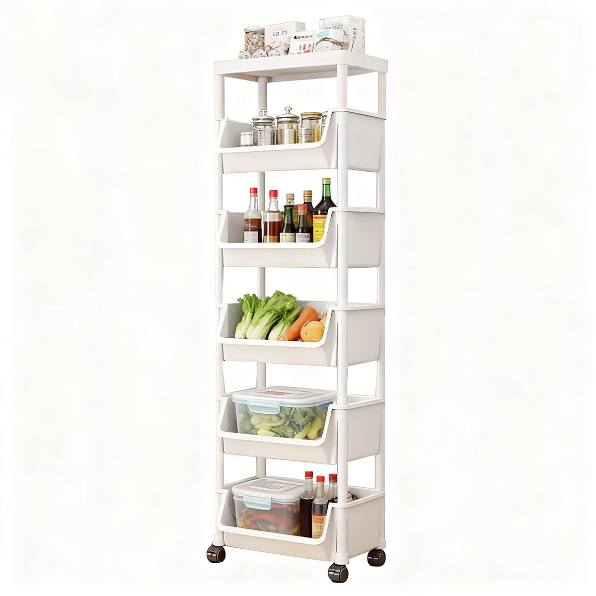 Asnews 3/4/5 Tier Plastic Rolling Cart Organizer with Lockable Caster Wheels, Bathroom Kitchen Office Workshop White