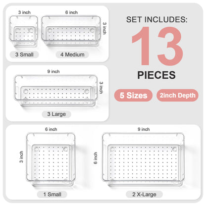 YHIPL 13 Pcs Plastic Drawer Organizers Set, Desk and Makeup Trays, Organizer Tray for Office & Bedroom, Bathroom