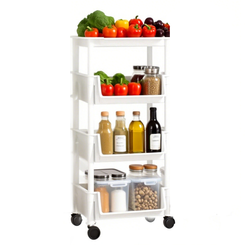 Asnews 3/4/5 Tier Plastic Rolling Cart Organizer with Lockable Caster Wheels, Bathroom Kitchen Office Workshop White