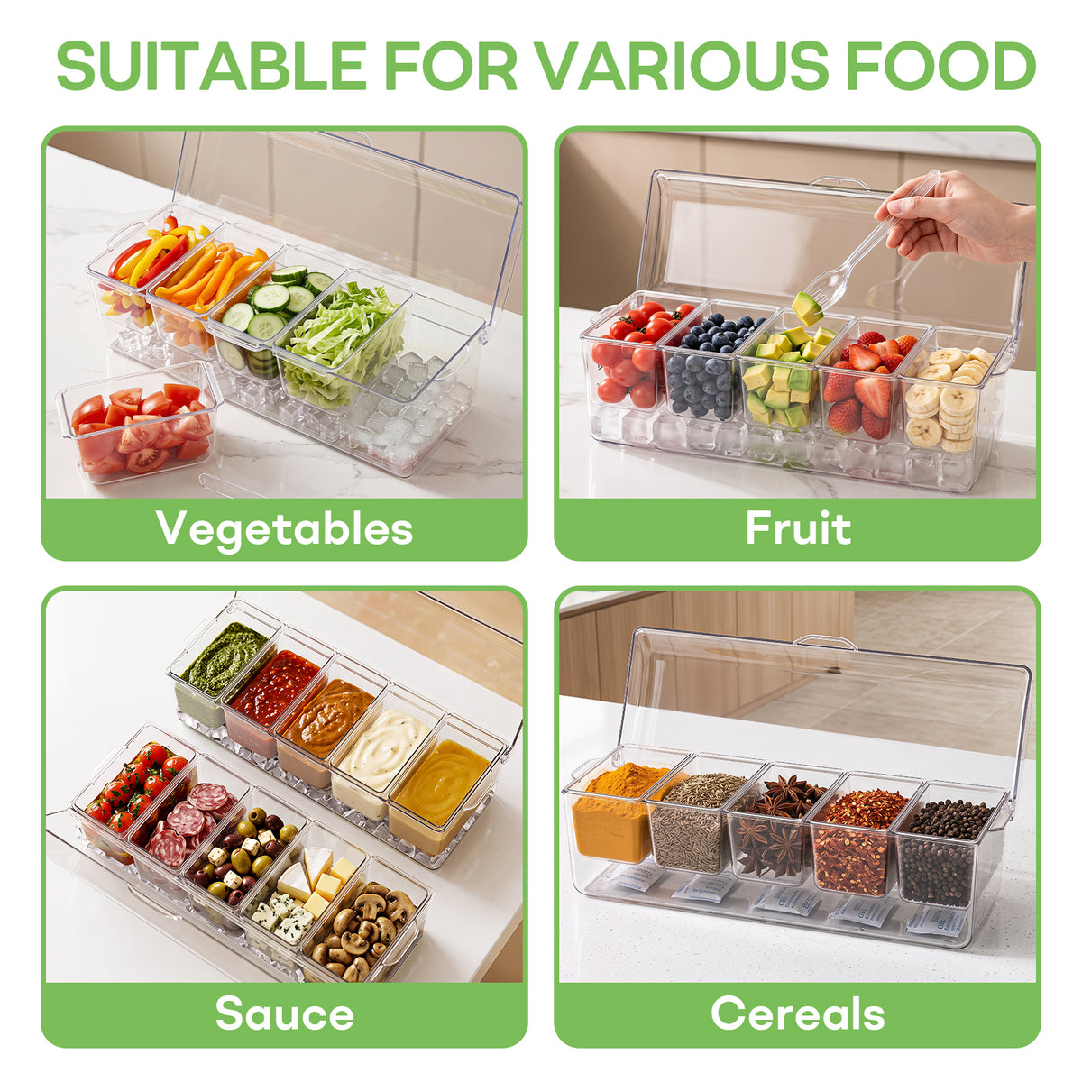 YHIPL Condiment Tray 5-Compartment, BPA-Free chilled serving tray with Lid, Perfect for Fruit Veggies Snacks at BBQ Picnic Travel