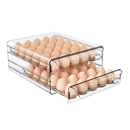 YHIPL Clear Stackable Egg Holder for Fridge – BPA-Free Egg Organizer Tray with Lid, Handles & Rotating Timer