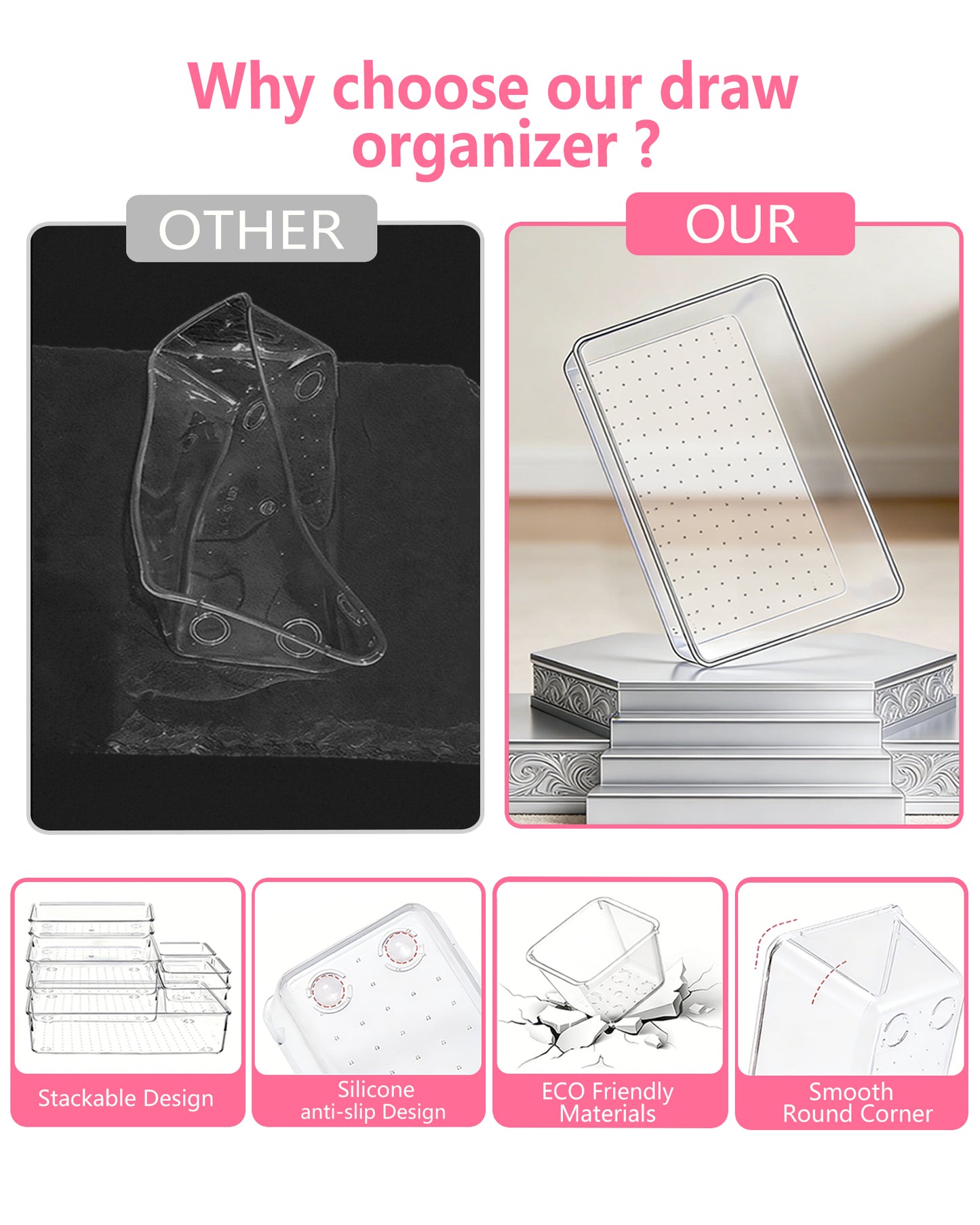 Asnews Plastic Drawer Organizers Set, Multiple Vanity Organizer, Makeup and Desk Drawer Organizer Trays, Organization and Storage for Makeup, Bathroom, Kitchen Utensils and Office