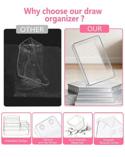 Asnews Plastic Drawer Organizers Set, Multiple Vanity Organizer, Makeup and Desk Drawer Organizer Trays, Organization and Storage for Makeup, Bathroom, Kitchen Utensils and Office