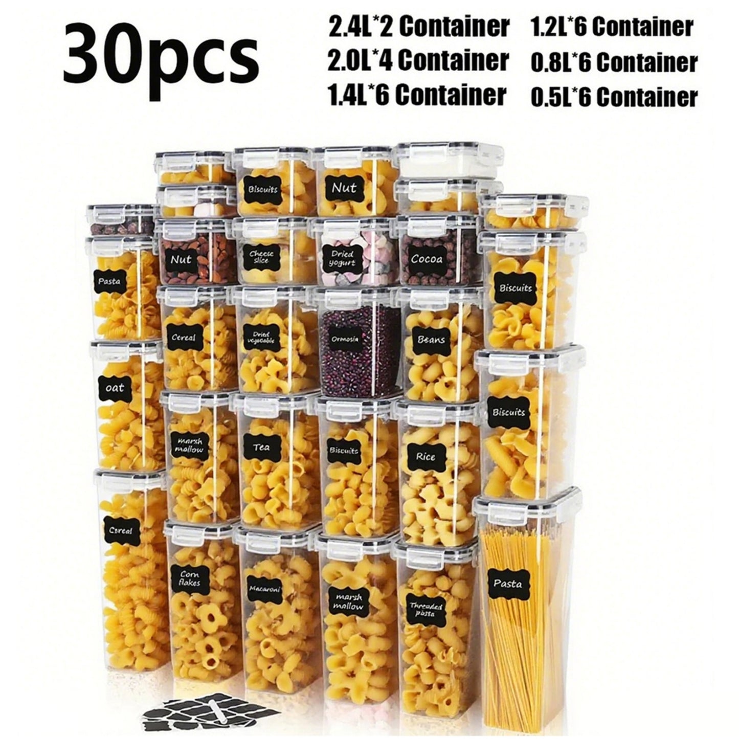 YHIPL 24 PCS Airtight Food Storage Containers with Lids, Kitchen Storage Container for Cereal, Dry Food, Flour and Sugar, BPA-Free, Includes 24 Labels