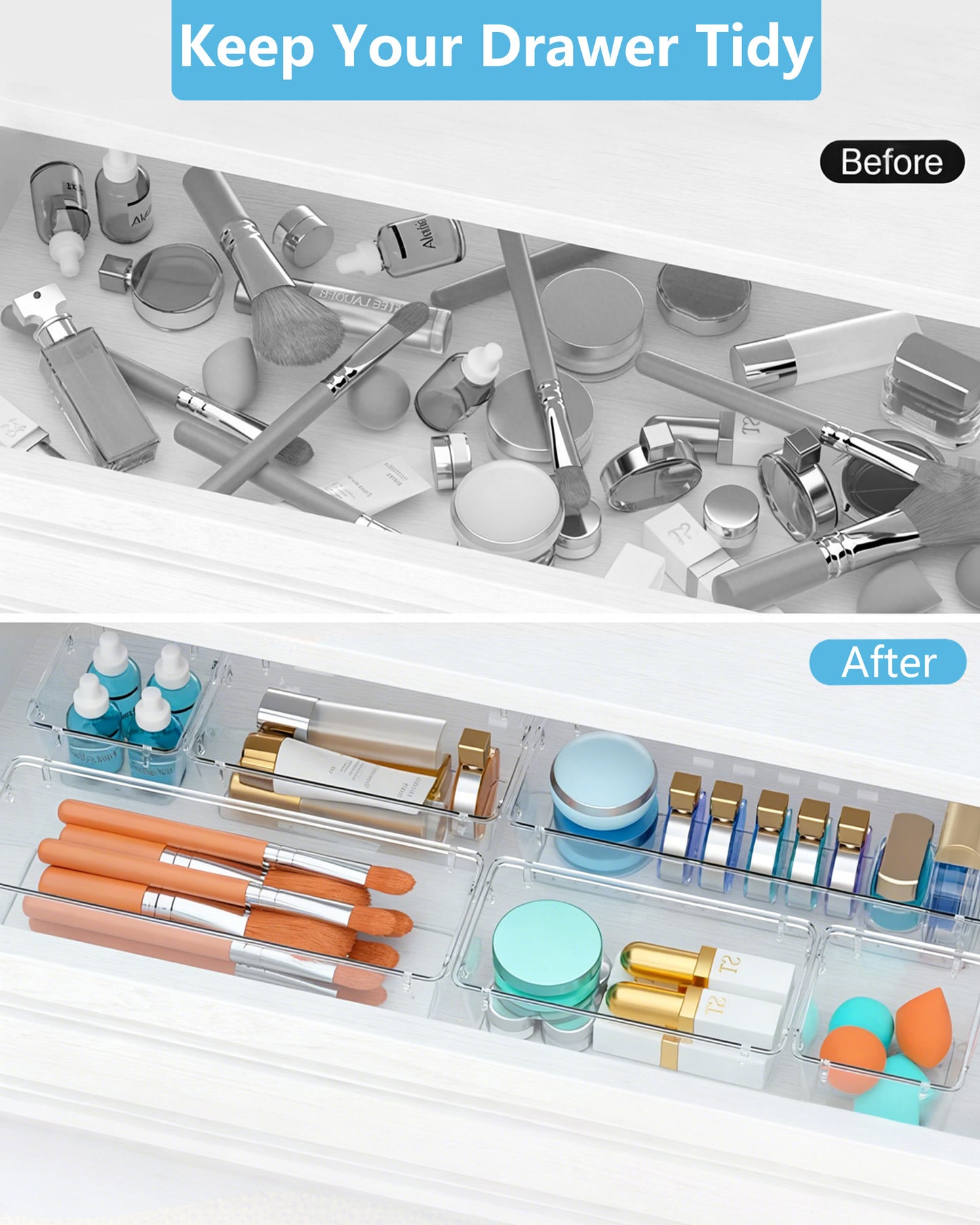 Asnews Plastic Drawer Organizers Set, Multiple Vanity Organizer, Makeup and Desk Drawer Organizer Trays, Organization and Storage for Makeup, Bathroom, Kitchen Utensils and Office