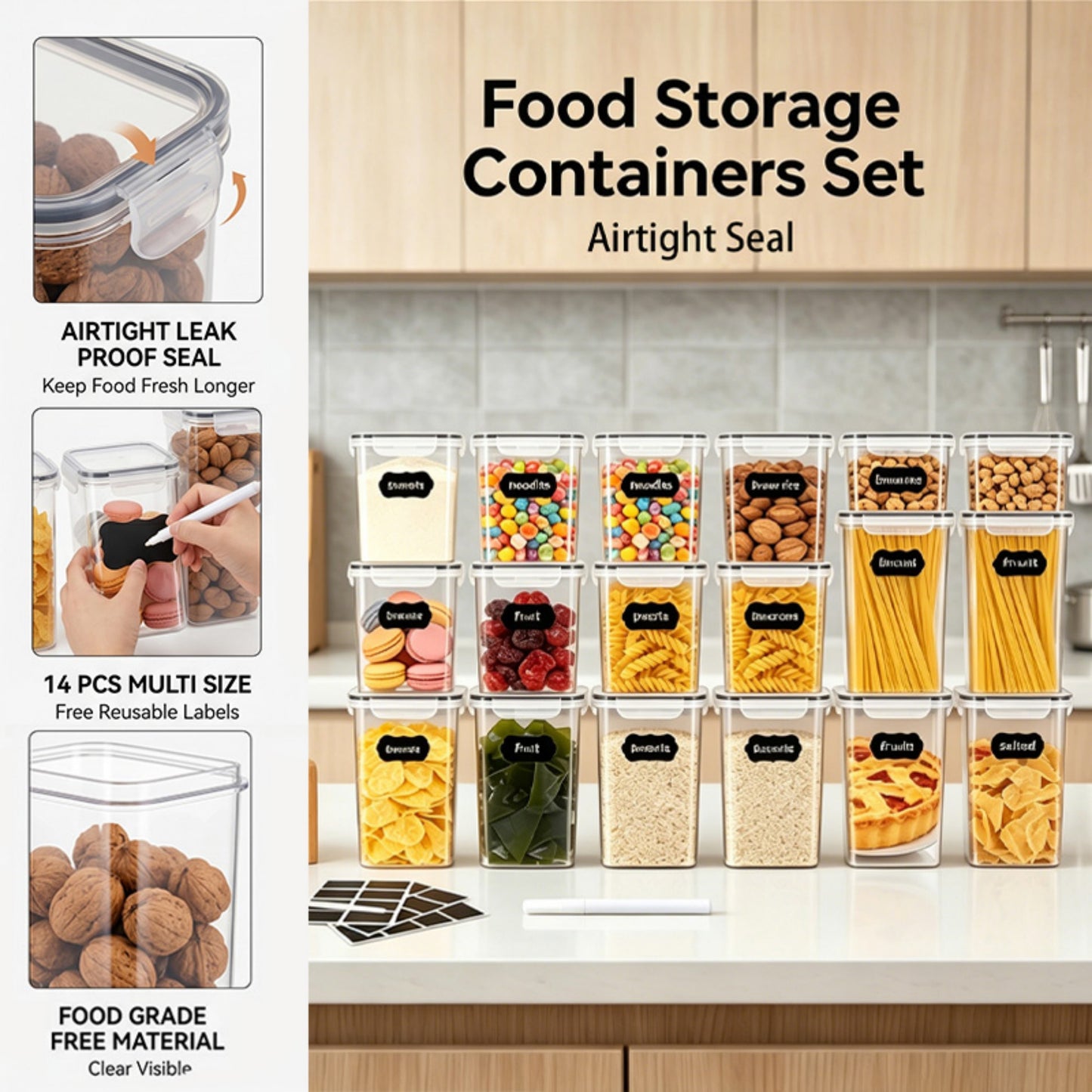 YHIPL 4 PCS Airtight Food Storage Containers with Lids for Kitchen Pantry Storage, Stackable Design, Food-Safe Material and Easy Organization