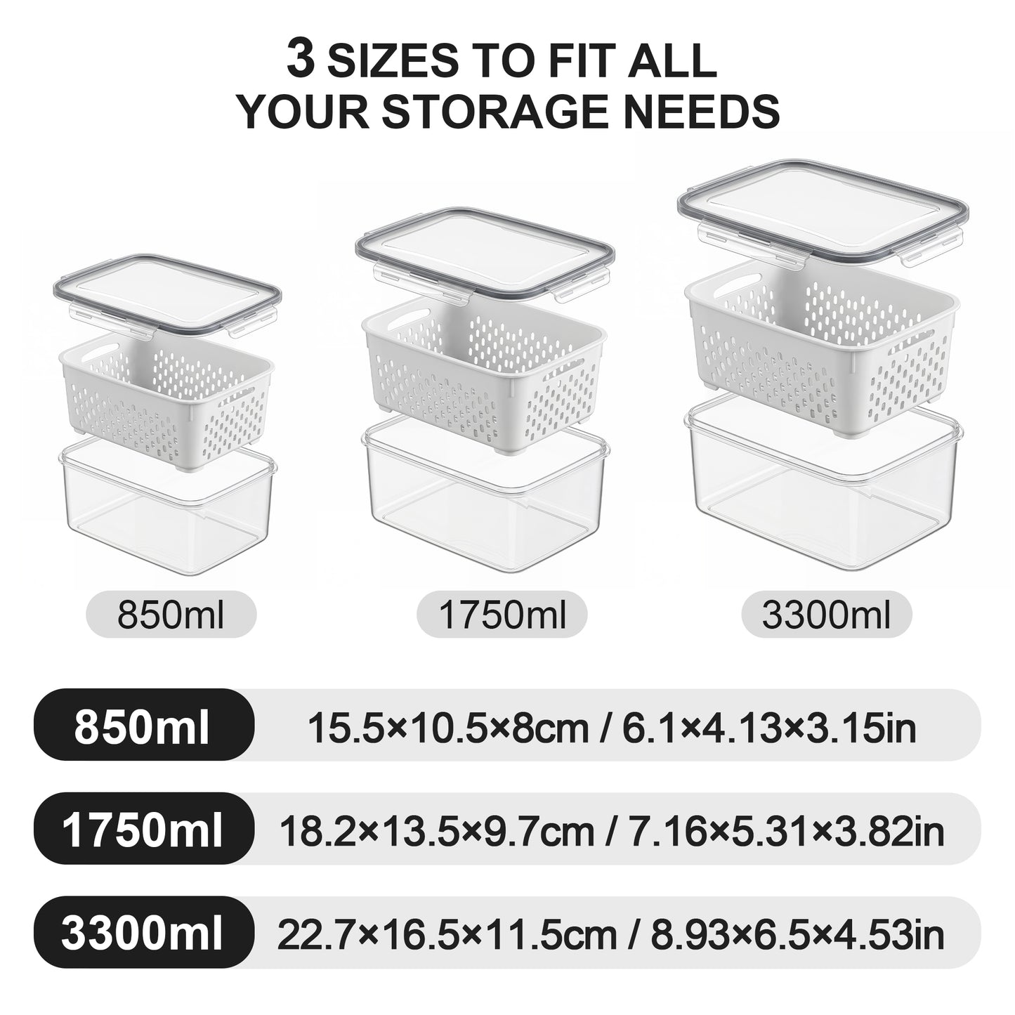 YHIPL 3 Pcs Large Fruit Storage Containers, Airtight Fridge Bins with Removable Colanders, Dishwasher & microwave safe, Clear, 3 Pack (Large)