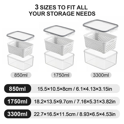 YHIPL 3 Pcs Large Fruit Storage Containers, Airtight Fridge Bins with Removable Colanders, Dishwasher & microwave safe, Clear, 3 Pack (Large)