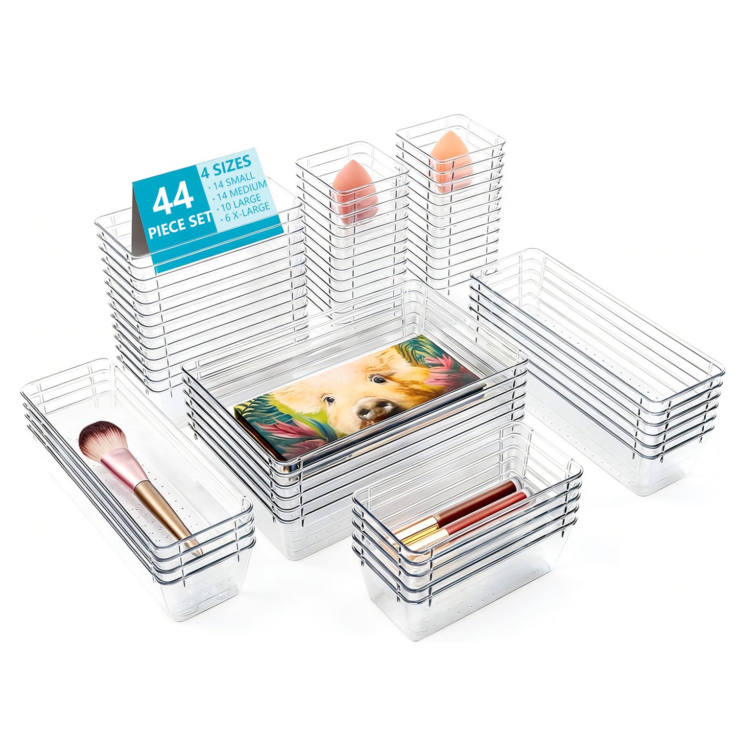 Asnews Plastic Drawer Organizers Set, Multiple Vanity Organizer, Makeup and Desk Drawer Organizer Trays, Organization and Storage for Makeup, Bathroom, Kitchen Utensils and Office