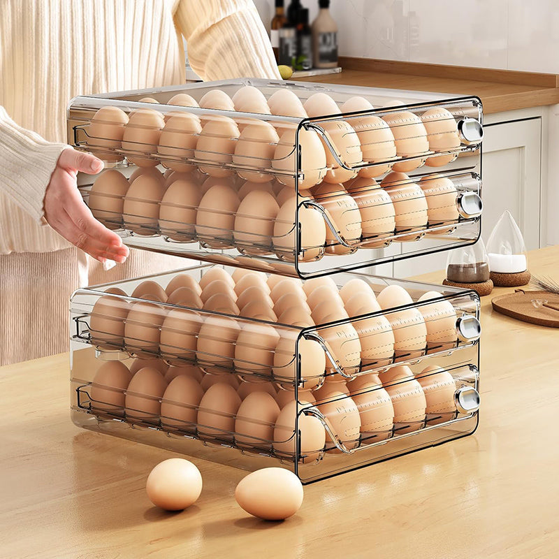 YHIPL Clear Stackable Egg Holder for Fridge – BPA-Free Egg Organizer Tray with Lid, Handles & Rotating Timer
