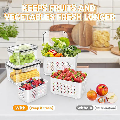 Asnews 3Pcs Large Fruit Containers for Fridge with Removable Colanders and Lids, Airtight Storage Container to Keep Berry Fruit Fresh, Dishwasher & microwave safe