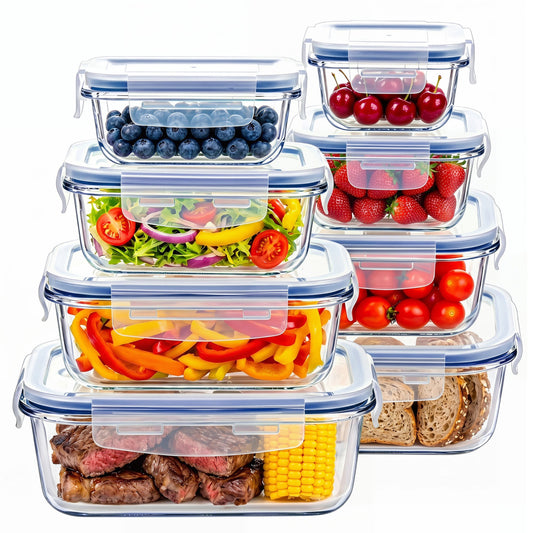 YHIPL 8-Pack Glass Storage Container Set with Snap Airtight Lids for Microwave, Freezer and Dishwasher Safe, Leak Proof Glass Lunch Boxes, Blue&Green
