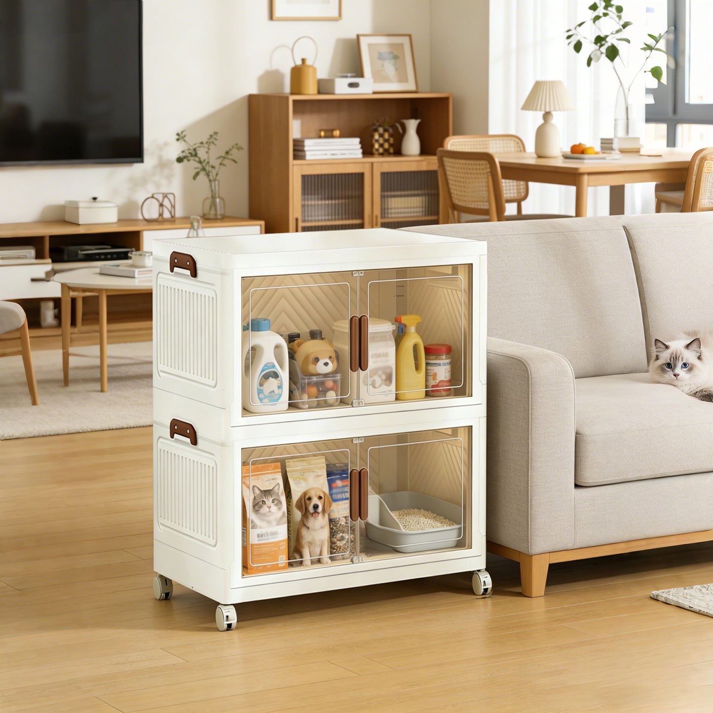 YHIPL Stackable Storage Bins with Lids & Magnetic Doors,  Foldable Storage Cabinet with Wheels, Transparent Plastic Storages Drawers for Bedrooms, Living Rooms, and Studies