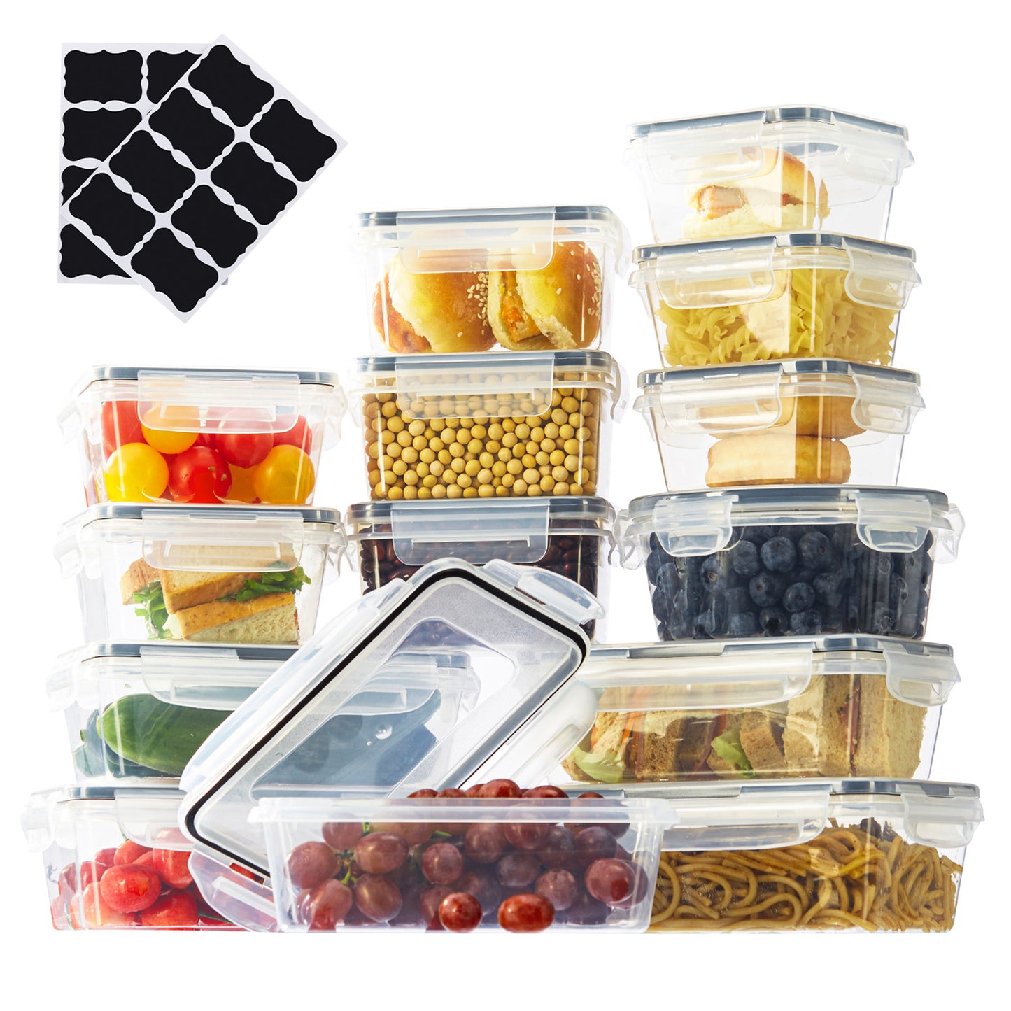 Asnews 24/48 PCS Food Storage Containers with Lids (12/24 Containers & 12/24 Lids), Reusable Plastic Food Containers for Kitchen Storage and Organization, Leakproof Meal Prep Container with Labels & Pen