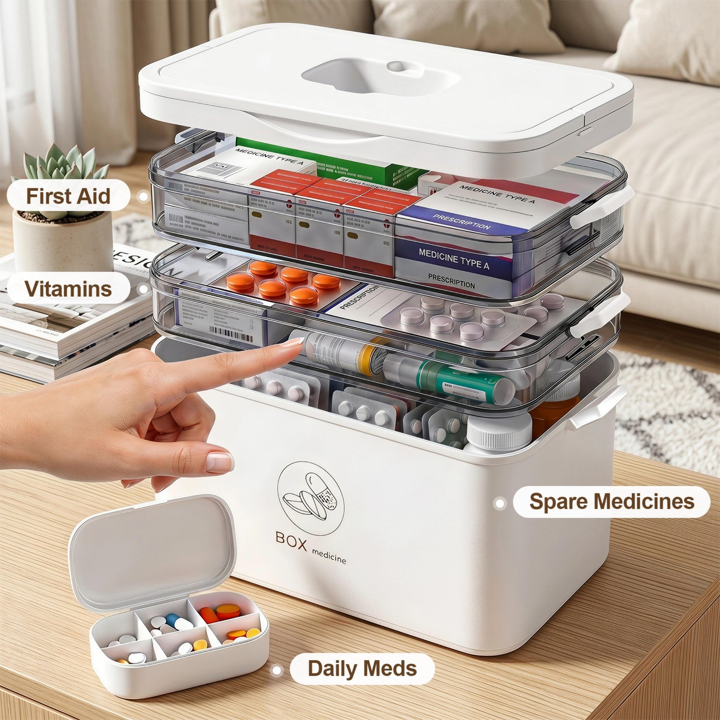 Asnews Large Medicine Organizer Box With Free Travel Pill Case – Portable First Aid Kit, Clear Medicine Storage With Handle & Secure Latch For Home