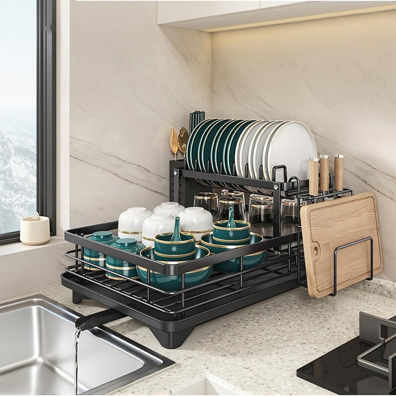 CFQNI 2-Tier Kitchen Dish Drying Rack, Carbon Steel Large Capacity Dish Rack With Cutlery Rack and Cutting Board Slot, Saves Space, Suitable for Kitchen Countertops, Black