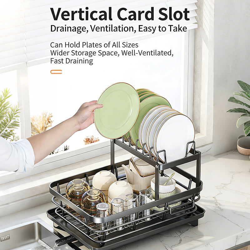 CFQNI 2-Tier Kitchen Dish Drying Rack, Carbon Steel Large Capacity Dish Rack With Cutlery Rack and Cutting Board Slot, Saves Space, Suitable for Kitchen Countertops, Black