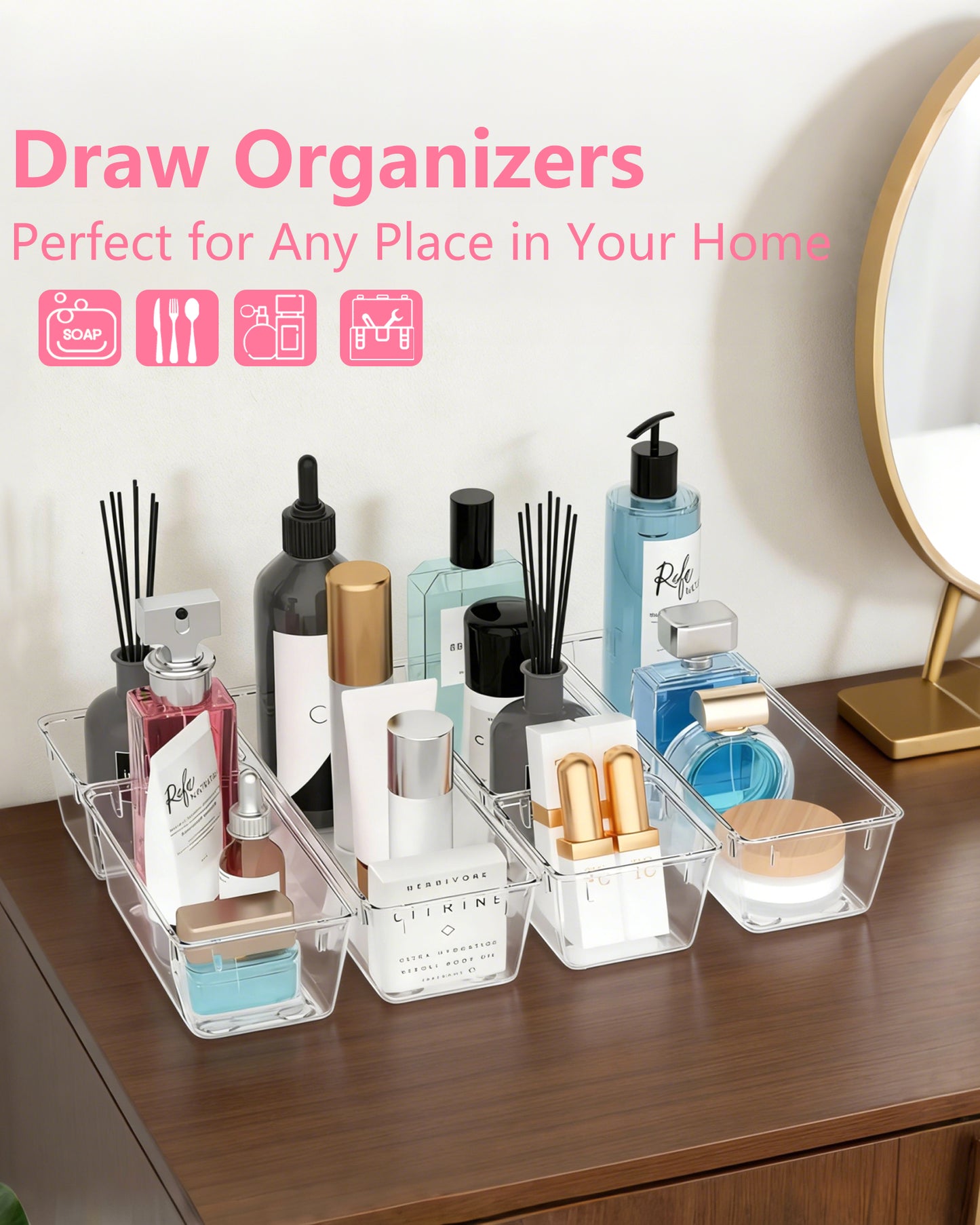 Asnews Plastic Drawer Organizers Set, Multiple Vanity Organizer, Makeup and Desk Drawer Organizer Trays, Organization and Storage for Makeup, Bathroom, Kitchen Utensils and Office
