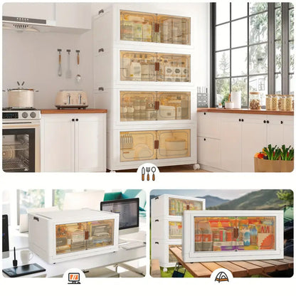 Asnews  Stackable Storage Bins with Lids & Magnetic Doors, Foldable Storage Cabinet with Wheels, Transparent Plastic Storages Drawers for Bedrooms, Living Rooms, and Studies