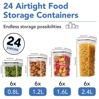 Asnews 24 PCS Airtight Food Storage Containers with Lids, Kitchen Storage Container for Cereal, Dry Food, Flour and Sugar, BPA-Free, Includes 24 Labels