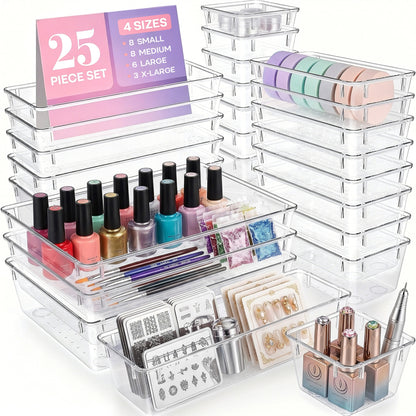 YHIPL 25 Pcs Plastic Drawer Organizers Set, Desk and Makeup Trays, Organizer Tray for Office & Bedroom, Bathroom