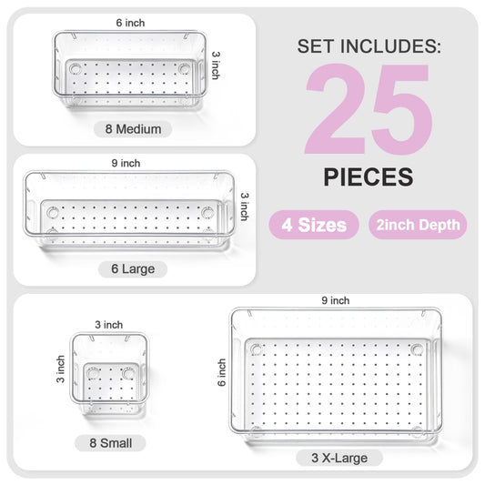 YHIPL 25 Pcs Plastic Drawer Organizers Set, Desk and Makeup Trays, Organizer Tray for Office & Bedroom, Bathroom