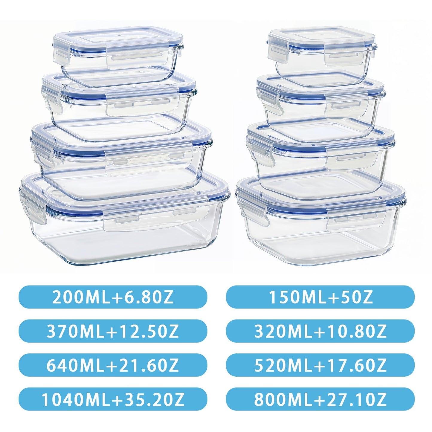 YHIPL 8-Pack Glass Storage Container Set with Snap Airtight Lids for Microwave, Freezer and Dishwasher Safe, Leak Proof Glass Lunch Boxes, Blue&Green