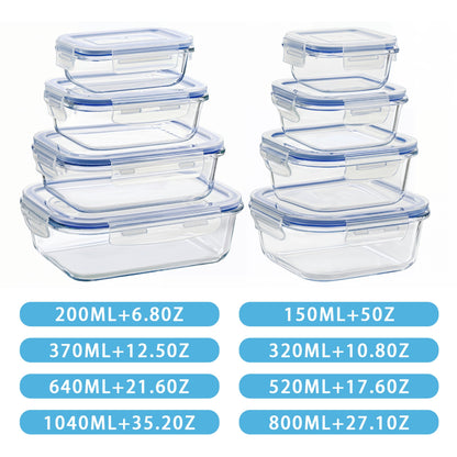 YHIPL 8-Pack Glass Storage Container Set with Snap Airtight Lids for Microwave, Freezer and Dishwasher Safe, Leak Proof Glass Lunch Boxes, Blue&Green