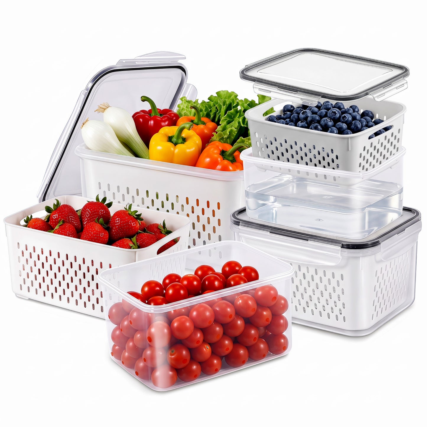 YHIPL 3 Pcs Large Fruit Storage Containers, Airtight Fridge Bins with Removable Colanders, Dishwasher & microwave safe, Clear, 3 Pack (Large)