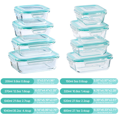 Asnews 16Pcs Glass Food Storage Containers with Lids Set, Airtight Bento Boxes, for Microwave, Oven, Freezer and Dishwasher Safe