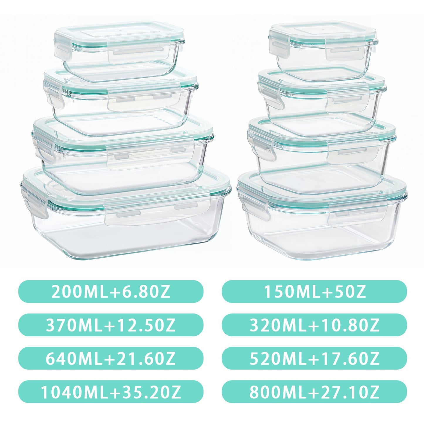 YHIPL 8-Pack Glass Storage Container Set with Snap Airtight Lids for Microwave, Freezer and Dishwasher Safe, Leak Proof Glass Lunch Boxes, Blue&Green