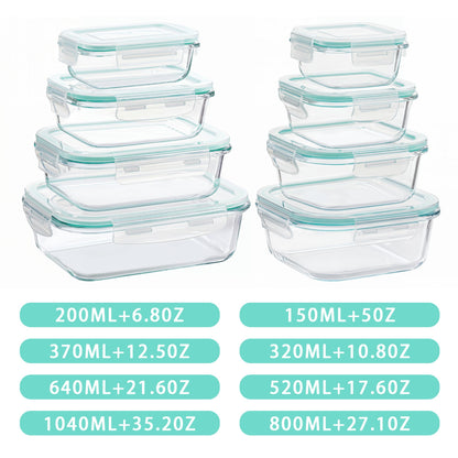 YHIPL 8-Pack Glass Storage Container Set with Snap Airtight Lids for Microwave, Freezer and Dishwasher Safe, Leak Proof Glass Lunch Boxes, Blue&Green